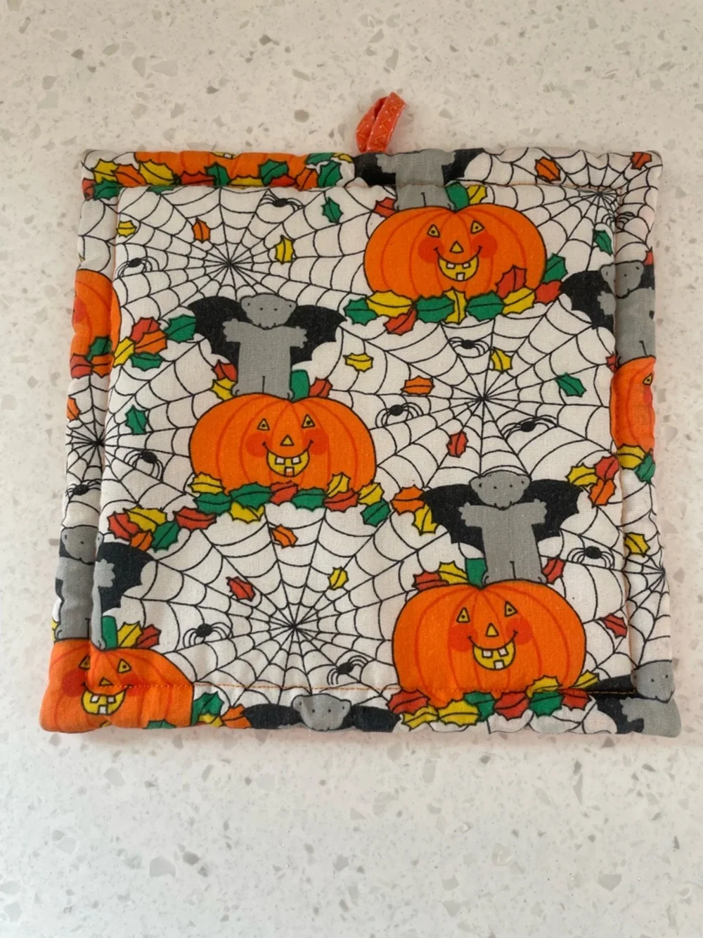 Vintage Halloween Fabric Potholder Pumpkins Bats Spiderwebs 1980s Leaves